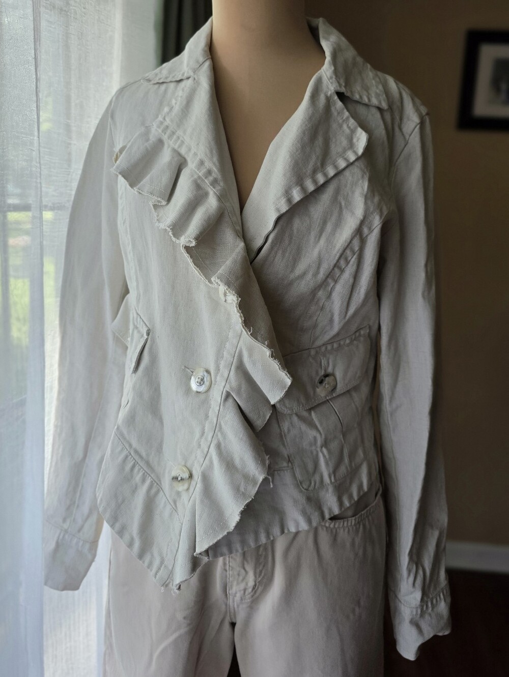 Cabi Tan Linen Asymmetrical Ruffle Up Jacket Cream Tan Women's Size Medium